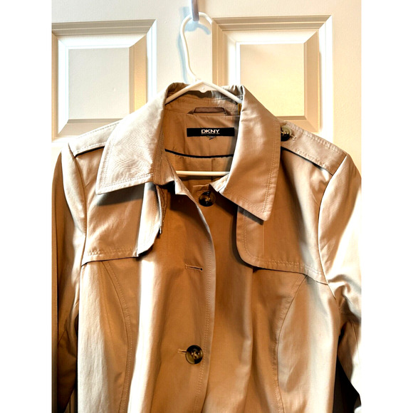 DKNY Womens Size 1X Khaki Trench Coat Button Front Lined Long Sleeve Jacket - Picture 4 of 9